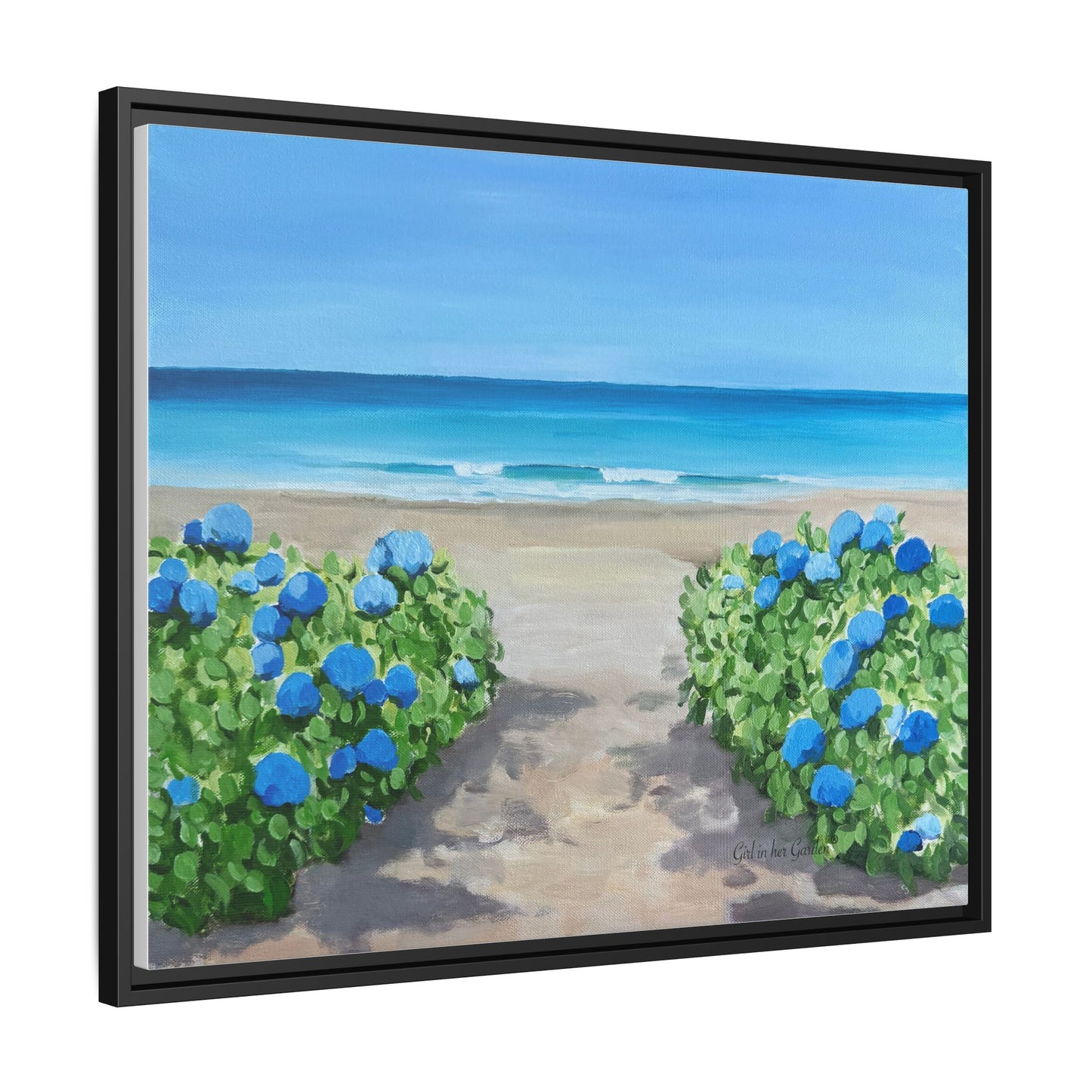 Hydrangeas on the beach Matte Canvas, Framed (Multi-color)