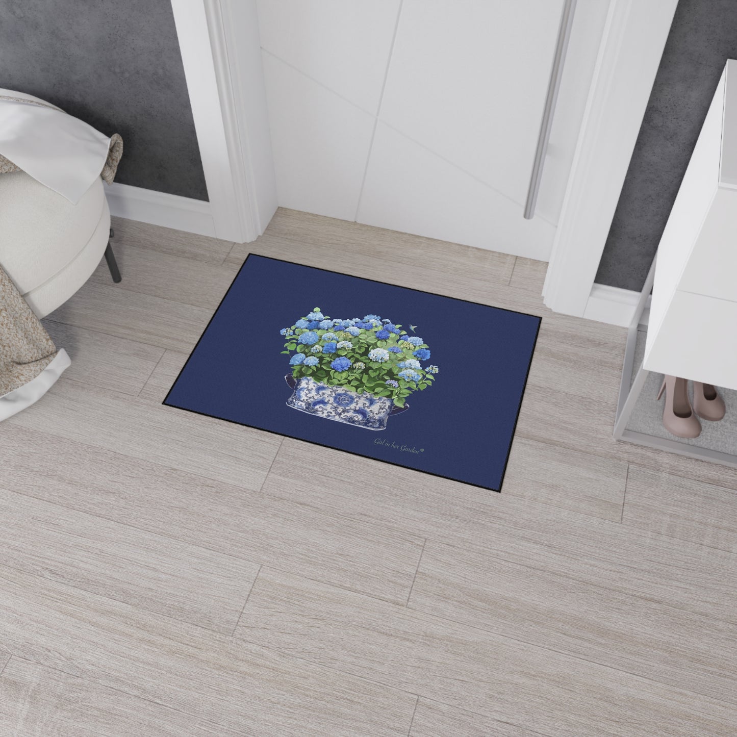 Navy Hydrangea Chinoiserie Foot Planter 11 Rubber Floor Mat