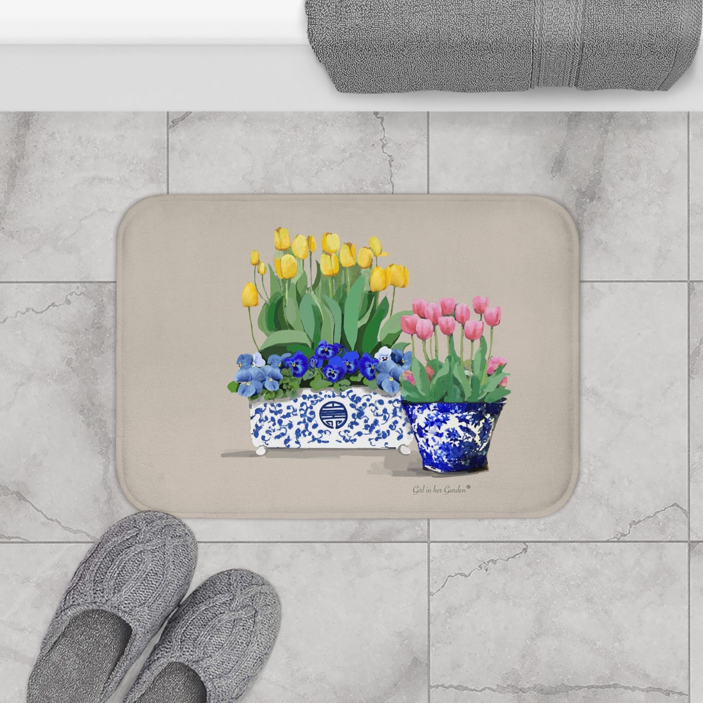 Kitchen, Bath Cushion Mat, Yellow & Pink Tulips Chinoiserie Planters