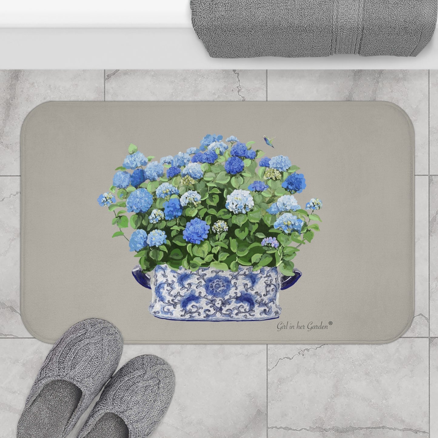 Kitchen, Bath Cushion Mat, Beige & Blue Hydrangeas Chinoiserie Foot Planter 2