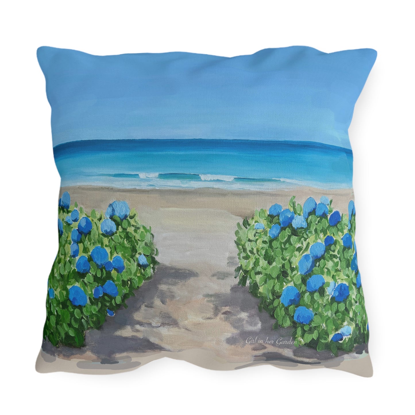 Beach Scene with Hydrangeas Outdoor Pillow