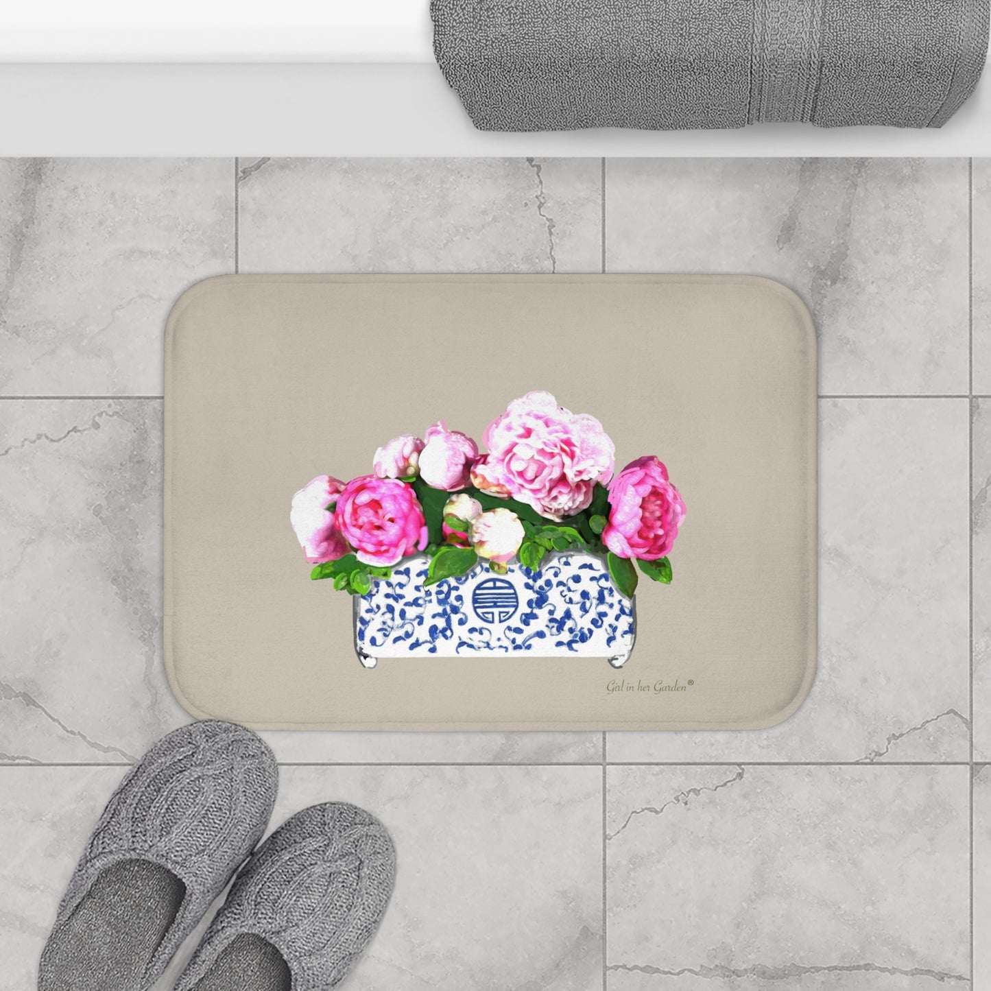 Beige Peonies Kitchen & Bath Cushion Mat