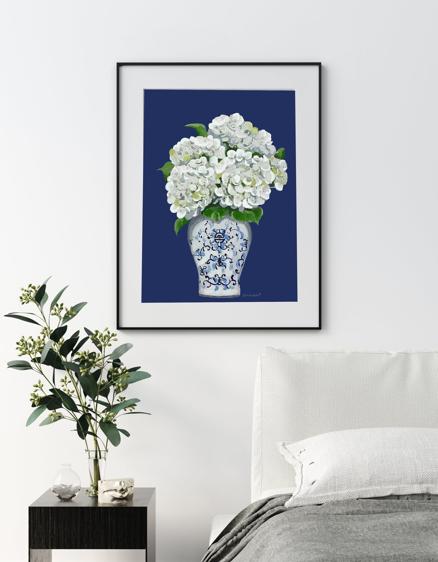 Navy White Hydrangea Canvas