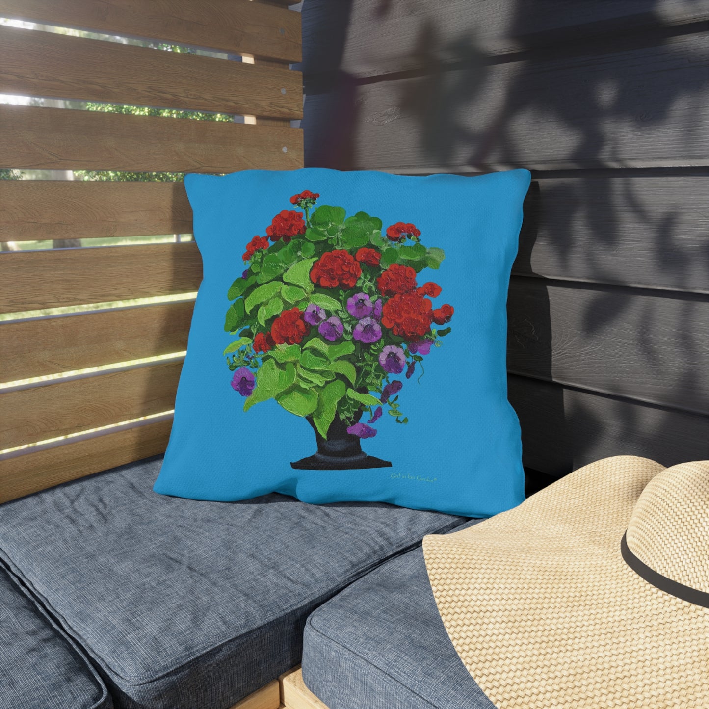 Blue background Red Geraniums Planter Outdoor Pillows