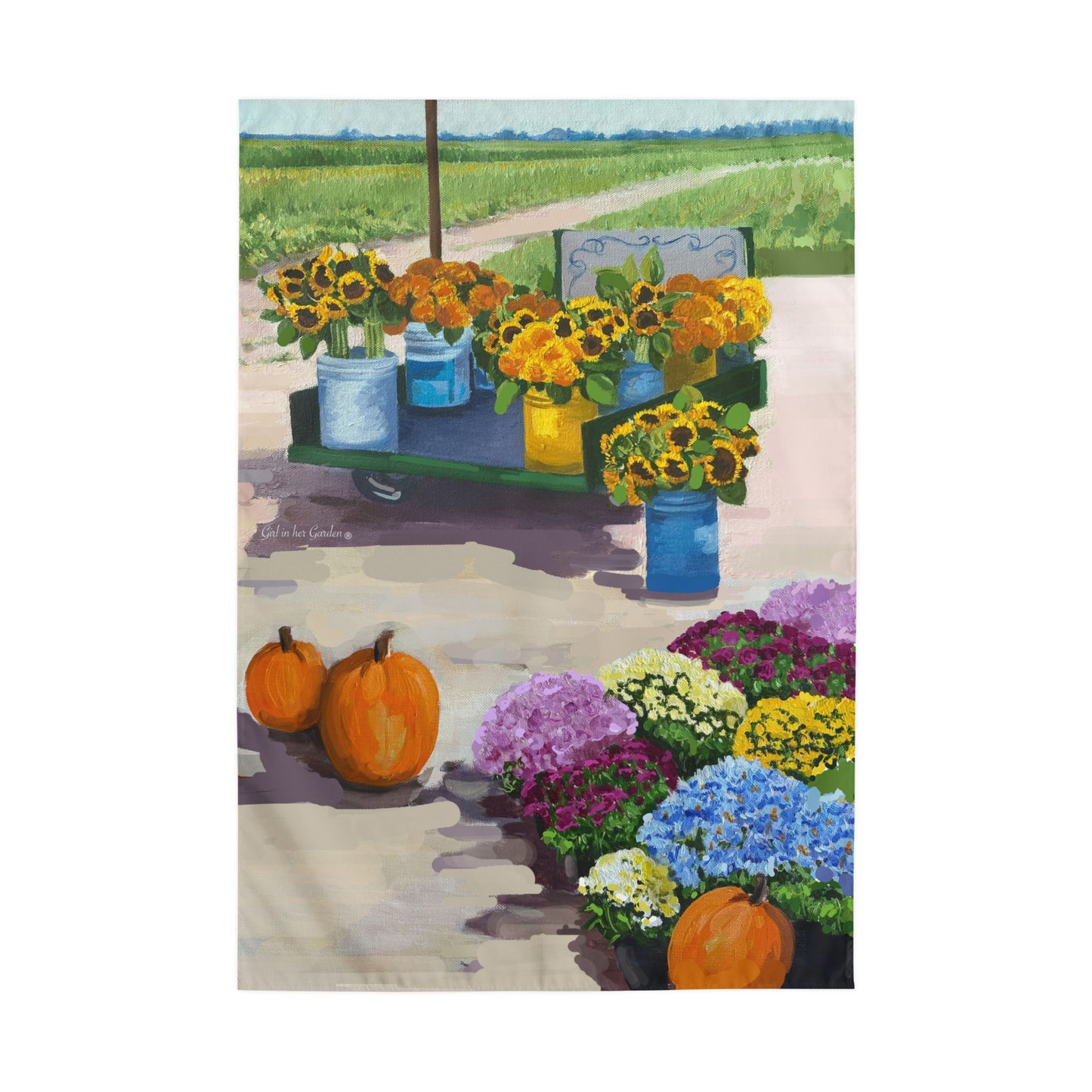 A square art print or canvas featuring a painted autumn market scene with sunflowers on a cart, pumpkins, and colorful flowers in the foreground, shown against a plain white background.