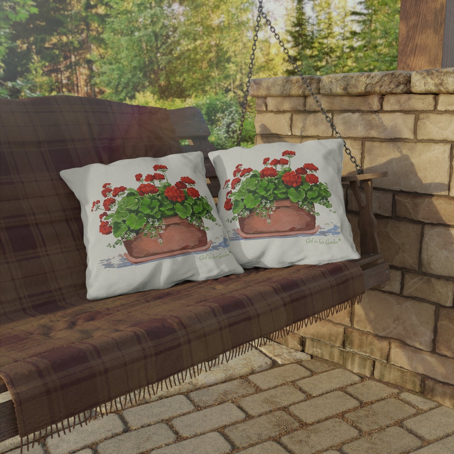 Red Geraniums Outdoor Pillow & Pillow Cover