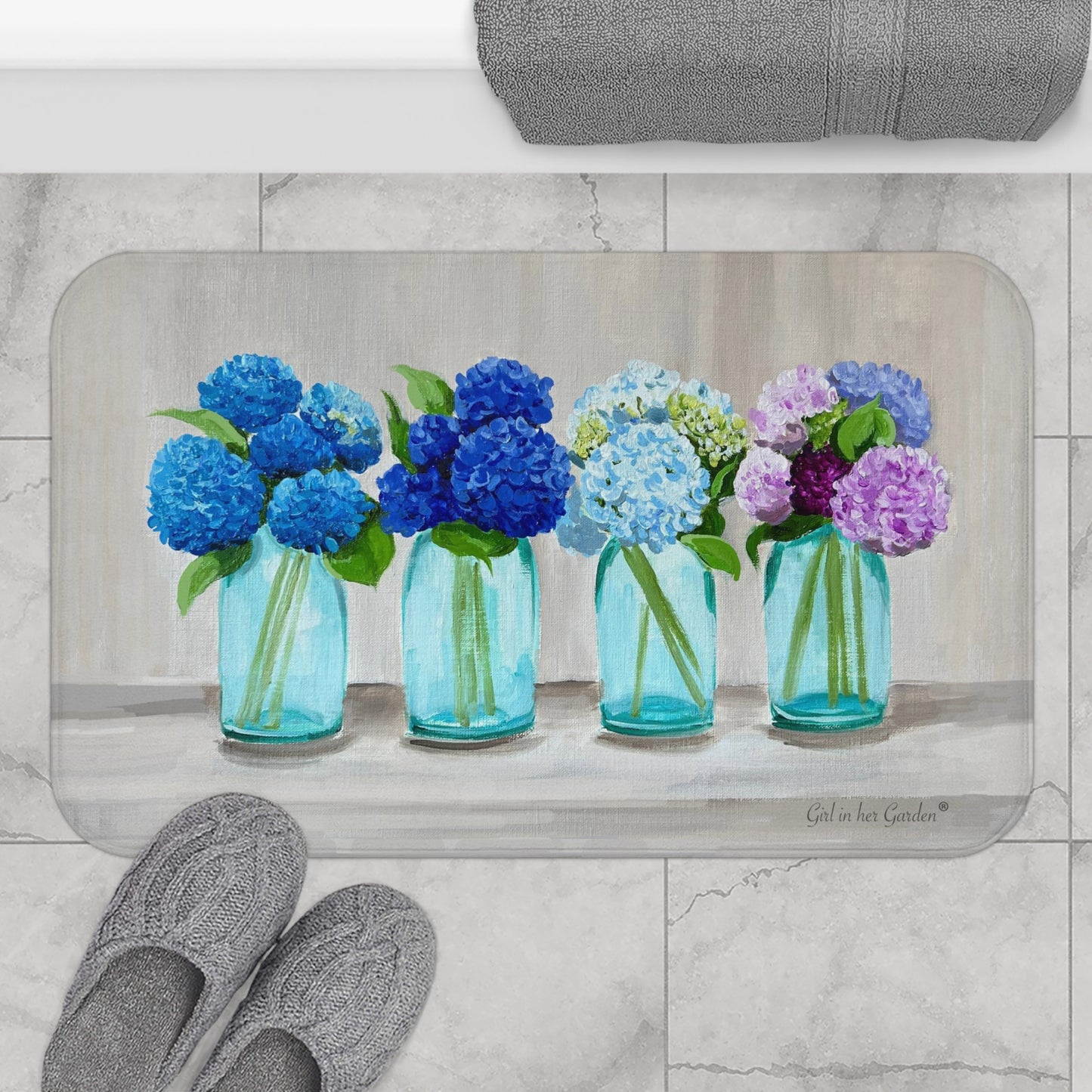 Kitchen, Bath Cushion Mat, Hydrangeas in Mason Jars