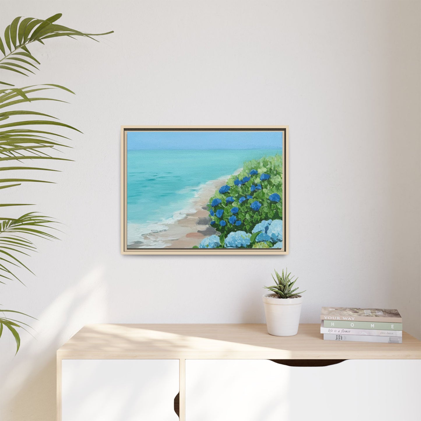 Hydrangeas by The Sea Framed Canvas Print