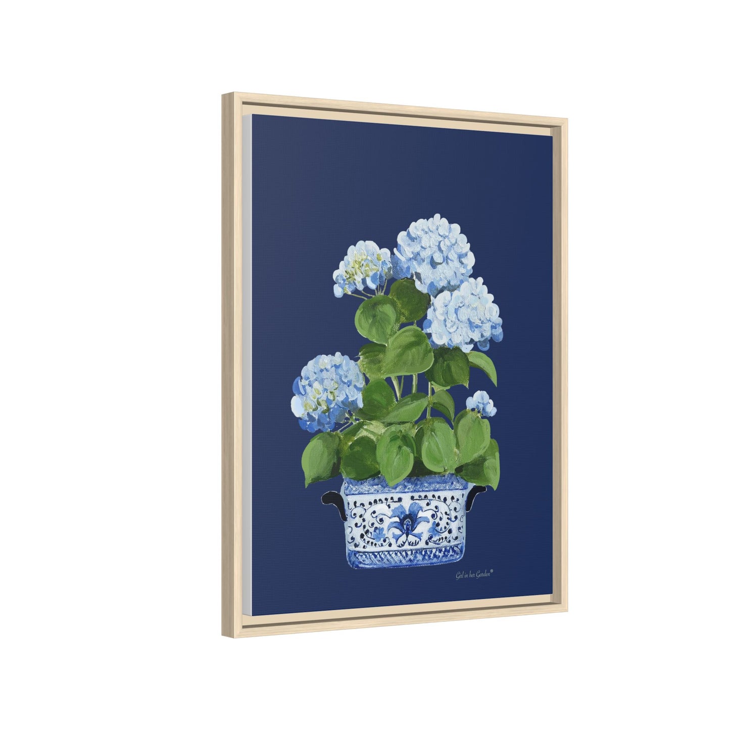 Blue Hydrangea Chinoiserie Framed Canvas Print, Navy Floral Oil Painting Wall Art Framed