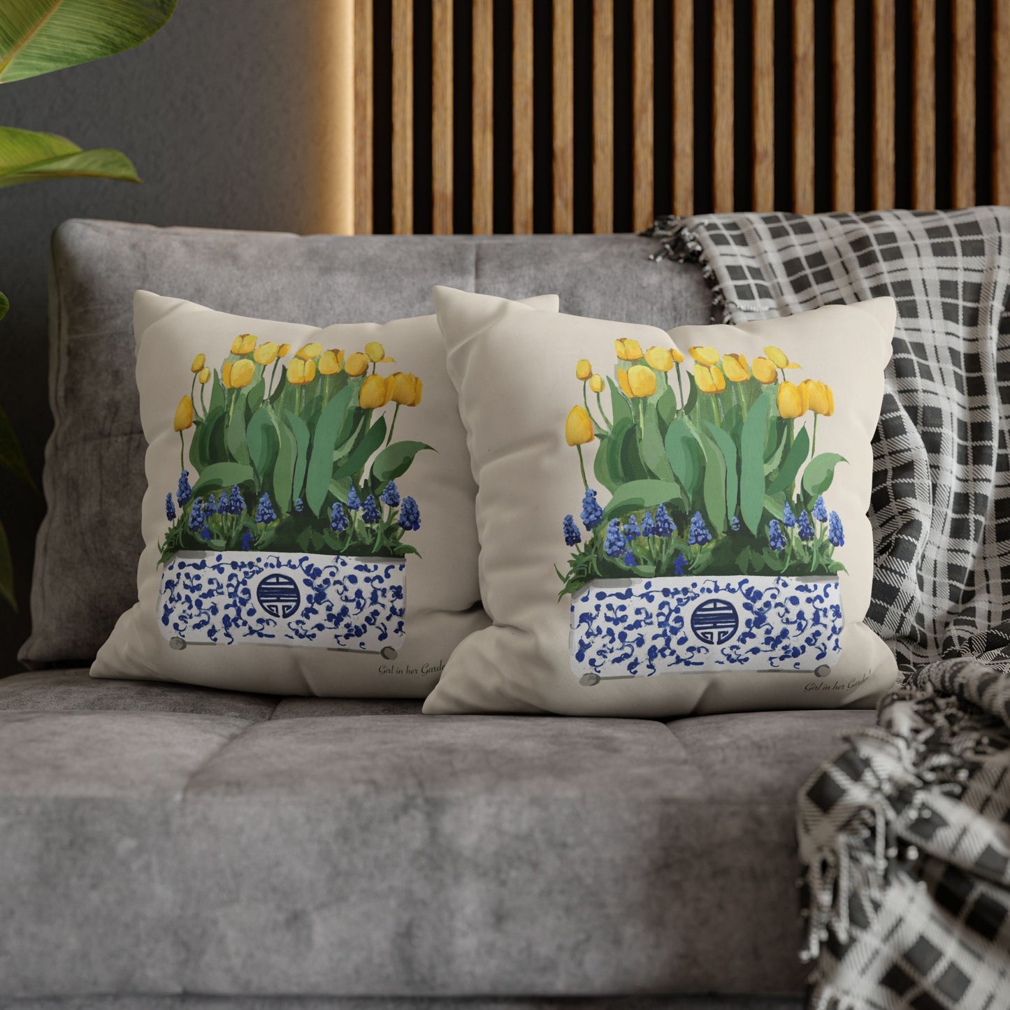 Yellow Tulips Chinoiserie Planter Outdoor Pillow, Pillow Cover