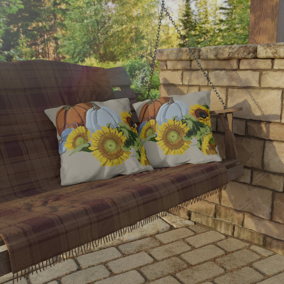 Beige Pumpkin & Sunflowers Outdoor Pillow, Pillow Cover