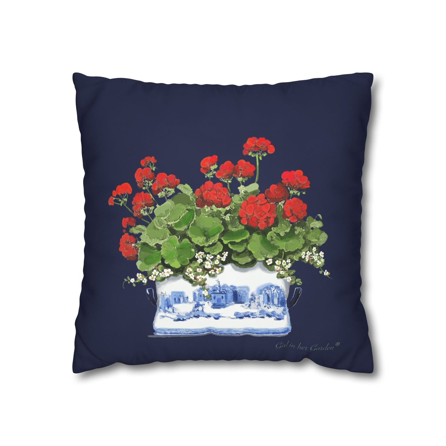 Red Geraniums Navy Chinoiserie Planter Outdoor Pillow, Pillow Cover