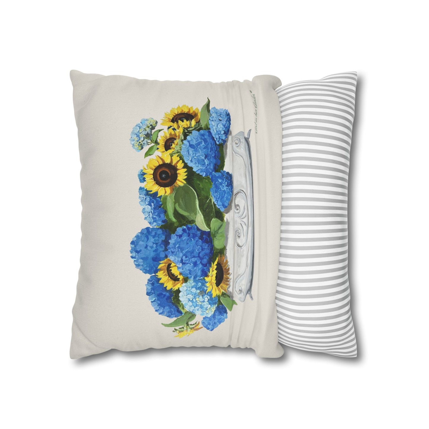 Sunflower & Blue Hydrangea Beige Pillow, Pillow Cover