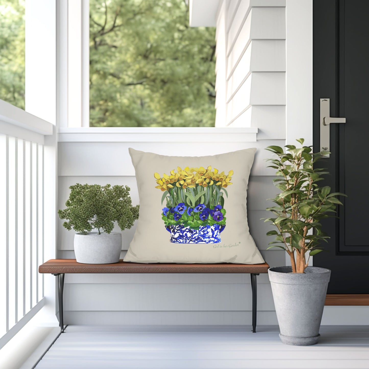Daffodil, Pansy Chinoiserie Planter Outdoor Pillow, Pillow Cover