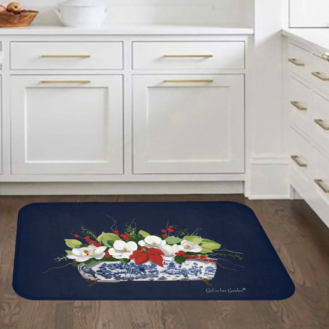 Navy Christmas Magnolia Planter, Kitchen & Bath Cushion Mat
