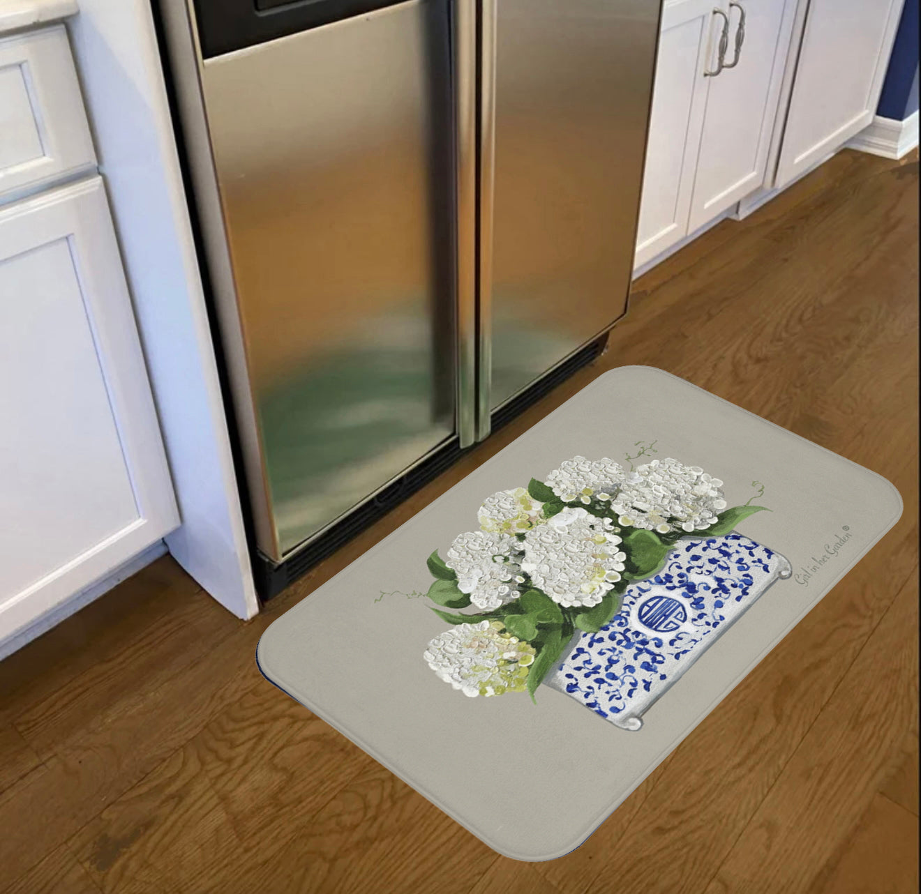 Kitchen, Bath Cushion Mat - Beige Chinoiserie Planter with Hydrangeas