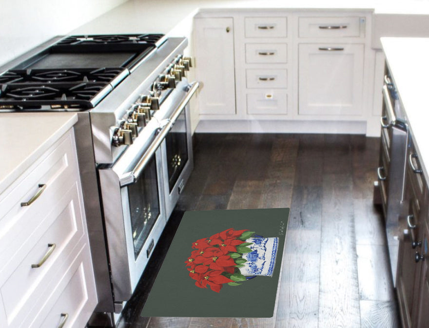 Kitchen, Bath Cushion Mat, Green Christmas Poinsettias