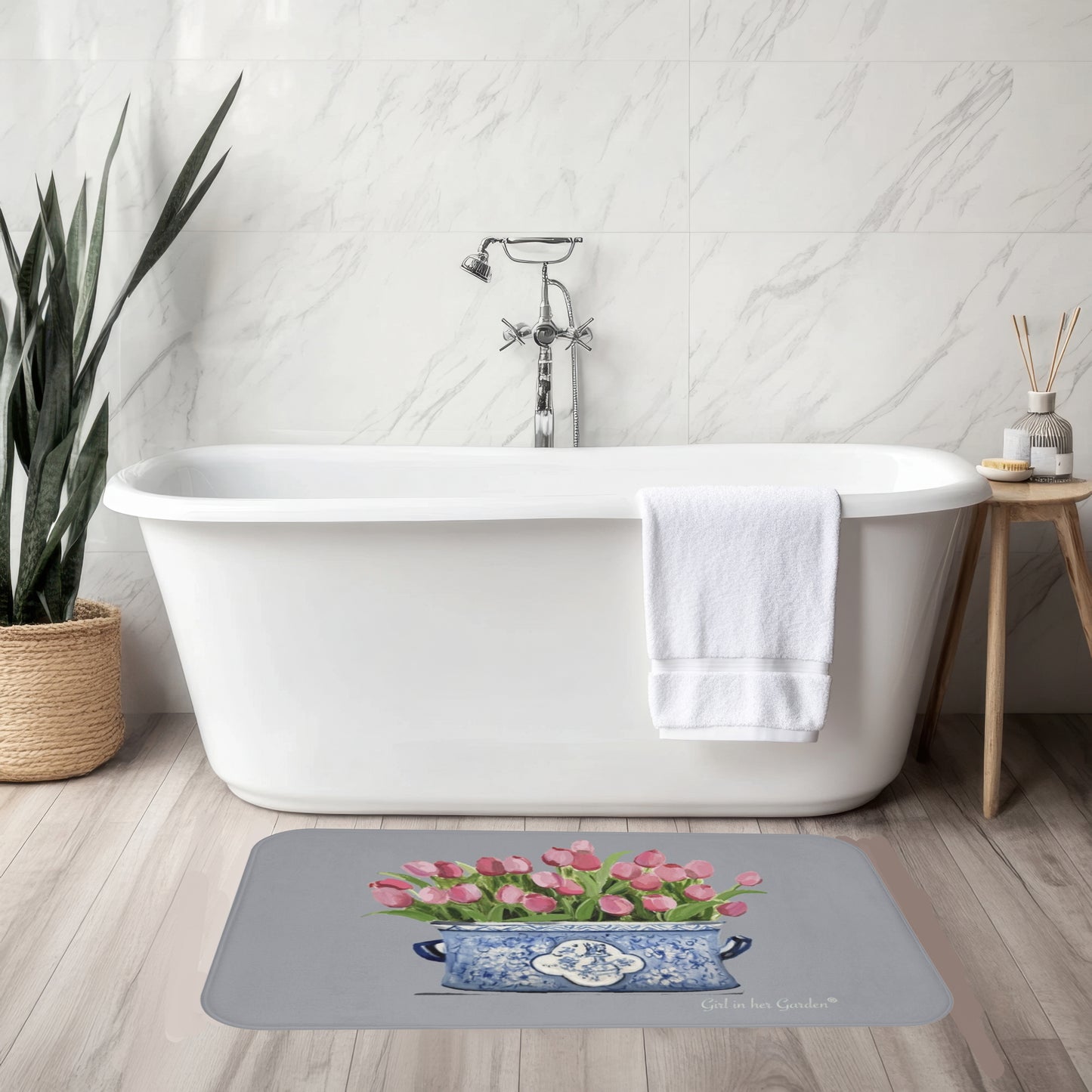 Kitchen, Bath Cushion Mat, Grey Tulips Chinoiserie Planter