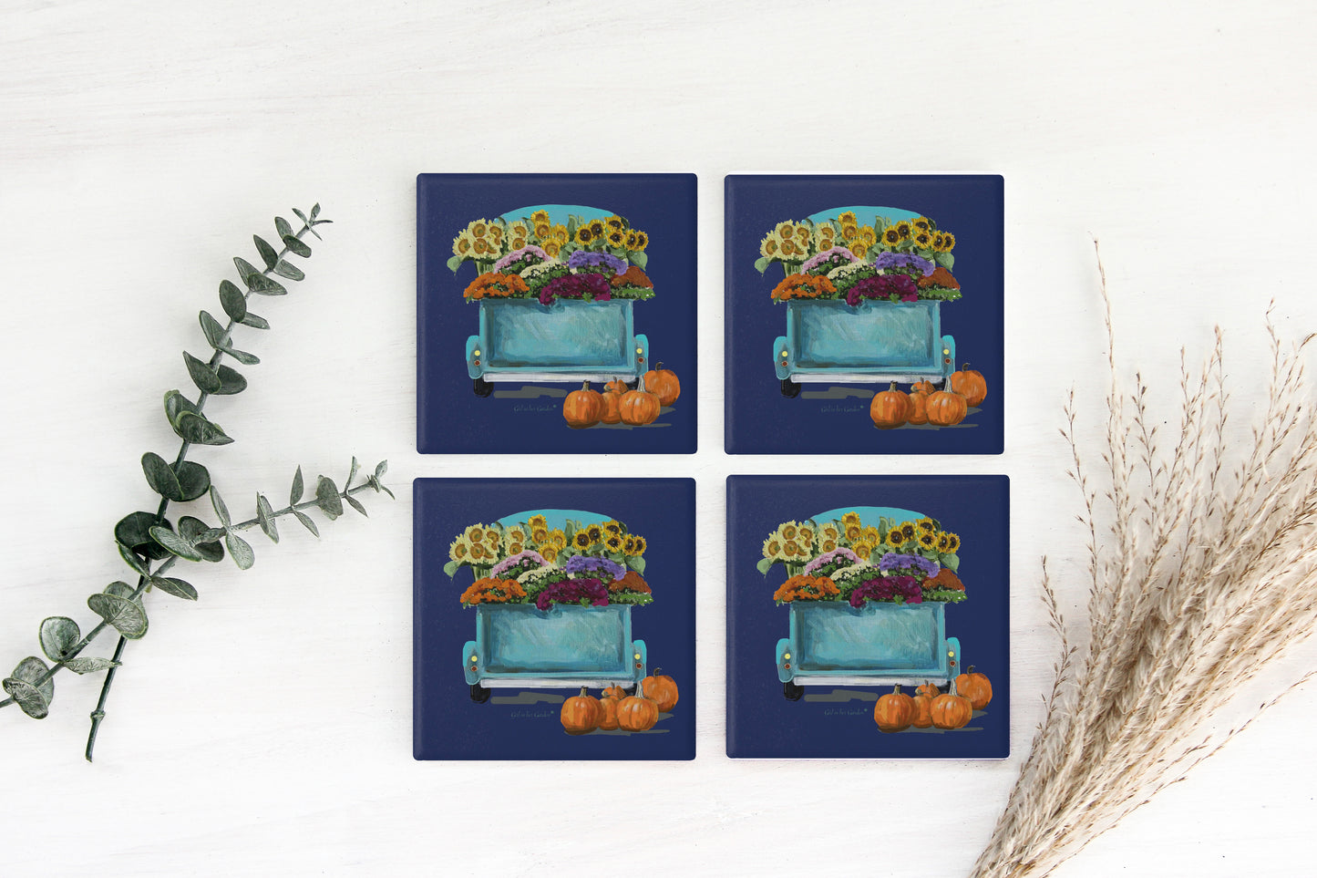 Fall Harvest Navy Truck Coaster Set