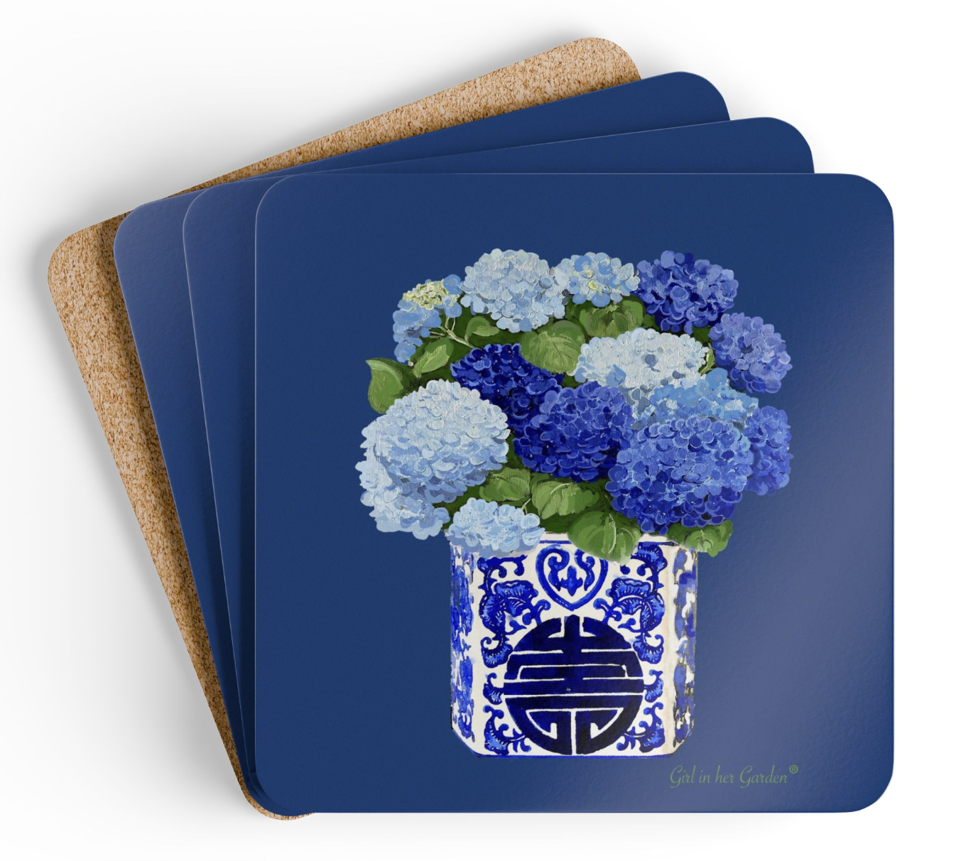 Navy Blue Hydrangea Coaster Set