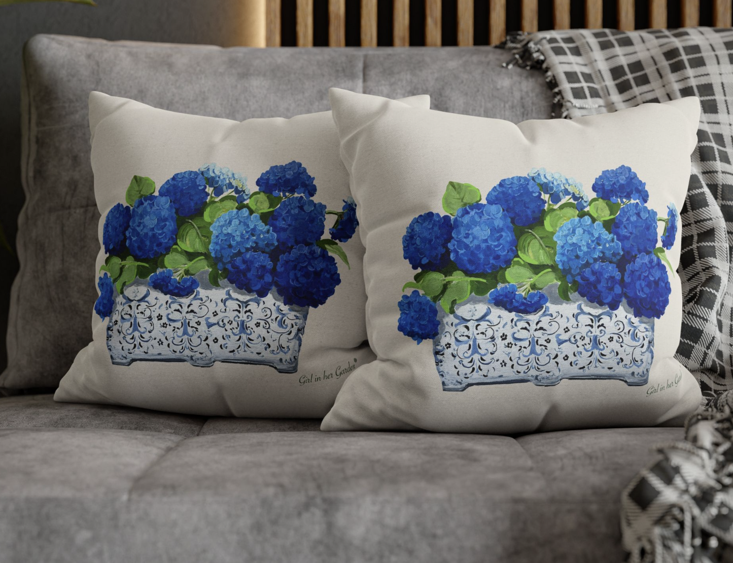 Blue Hydrangea Planter Beige Pillow, Pillow Cover