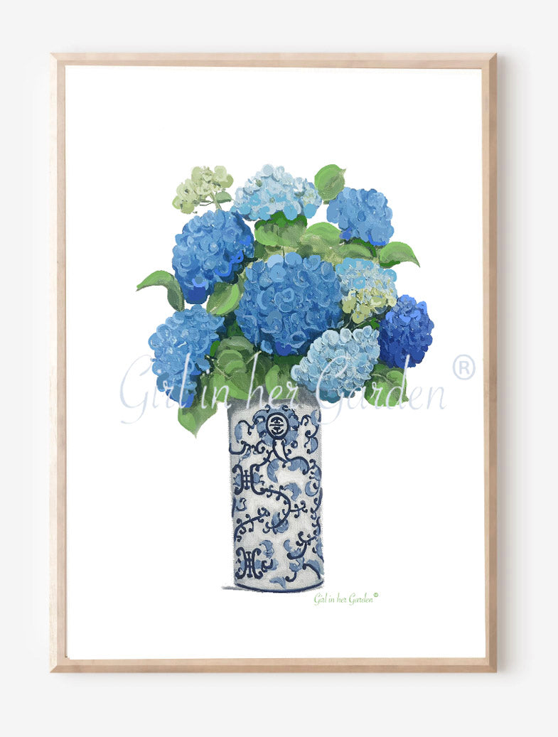 Blue Hydrangeas Chinoiserie Print on Canvas