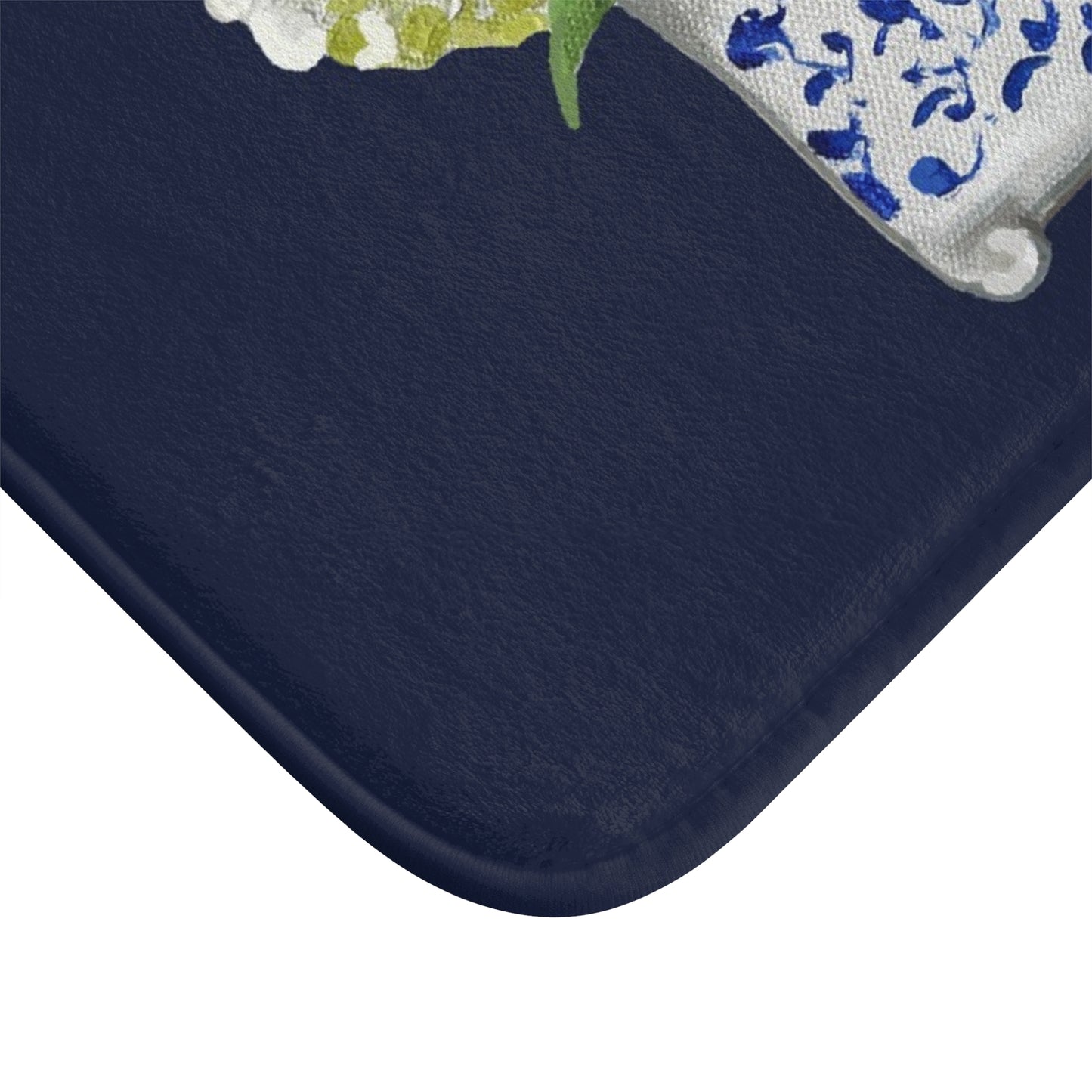 Kitchen, Bath Cushion Mat, Navy with White Hydrangeas Chinoiserie Planter