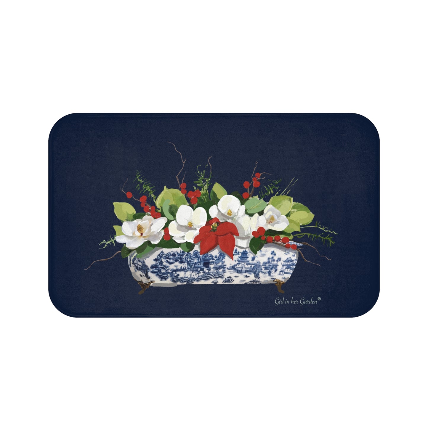 Navy Christmas Magnolia Planter, Kitchen & Bath Cushion Mat