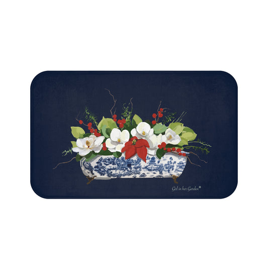 Navy Christmas Magnolia Planter, Kitchen & Bath Cushion Mat
