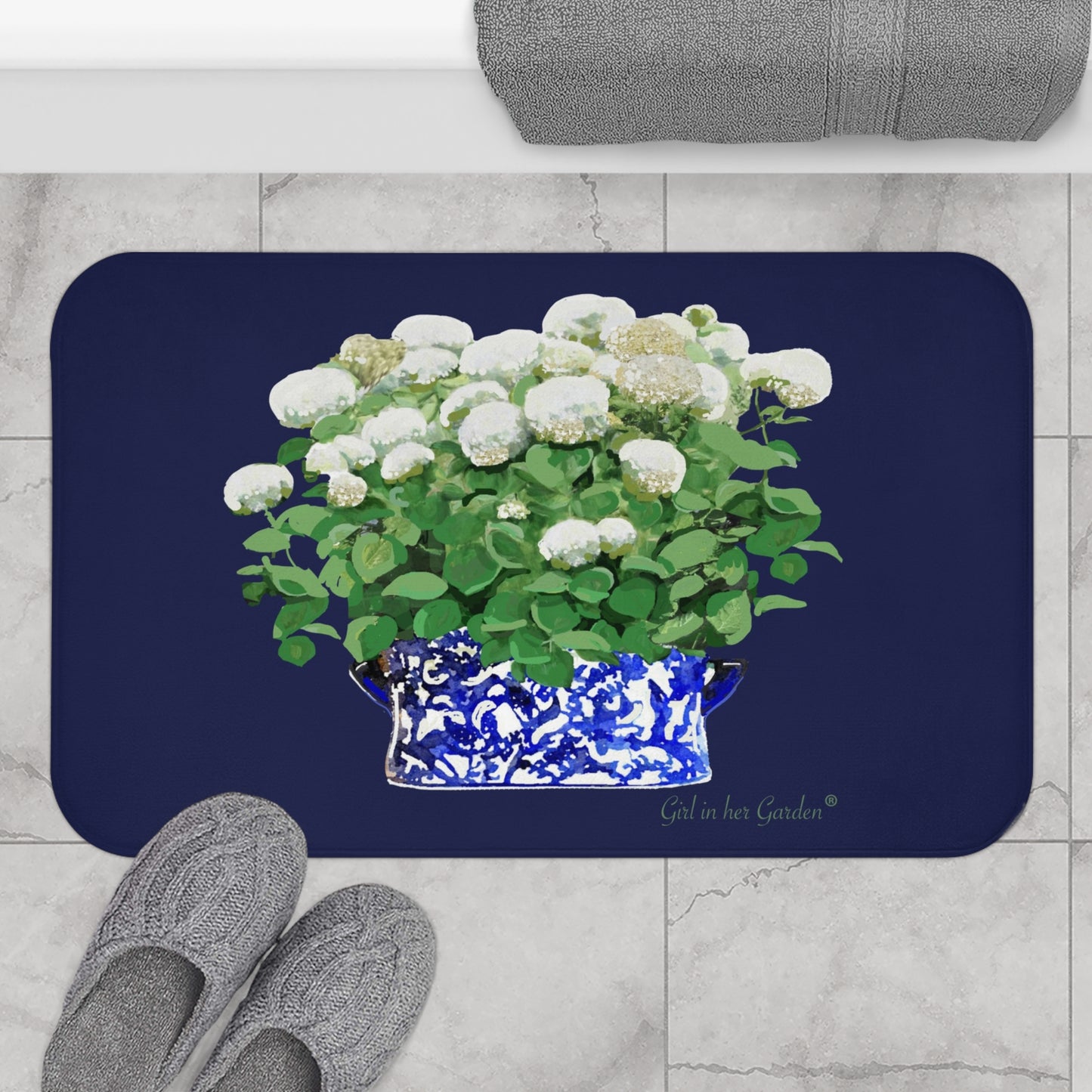 Kitchen, Bath Cushion Mat, Navy Annabelle Blue & White Planter
