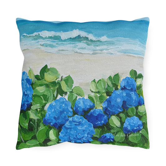 Blue Hydrangeas on the Beach Outdoor Pillows