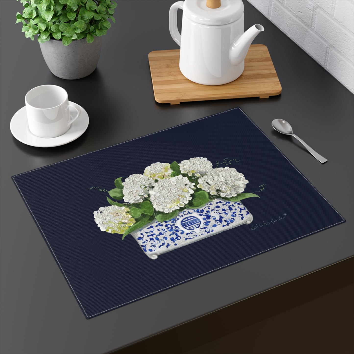 White Hydrangeas Navy Placemat-Set of Two