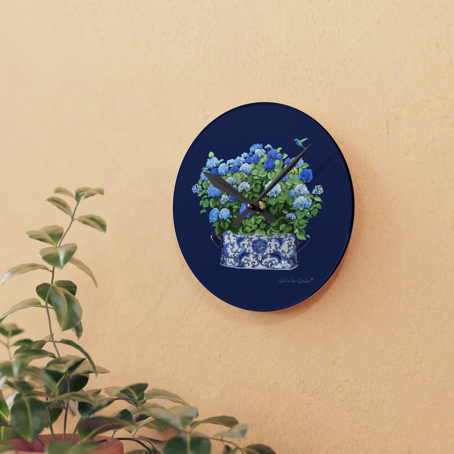 Navy Blue Hydrangea Wall Clock