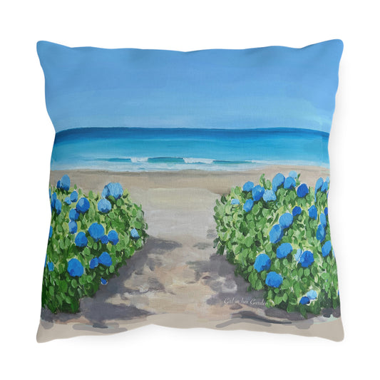 Beach Scene with Hydrangeas Outdoor Pillow