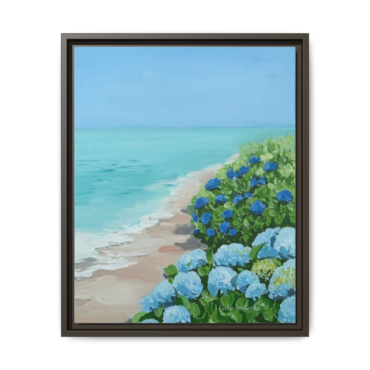 Hydrangeas by The Sea Framed Canvas Print