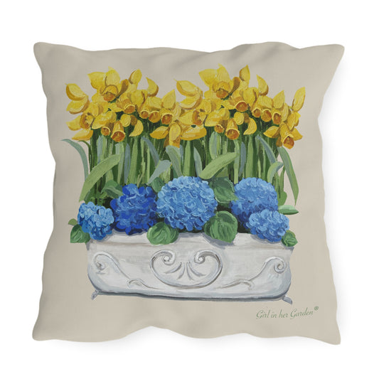 Daffodil & Hydrangeas,Outdoor Pillow, Pillow Cover