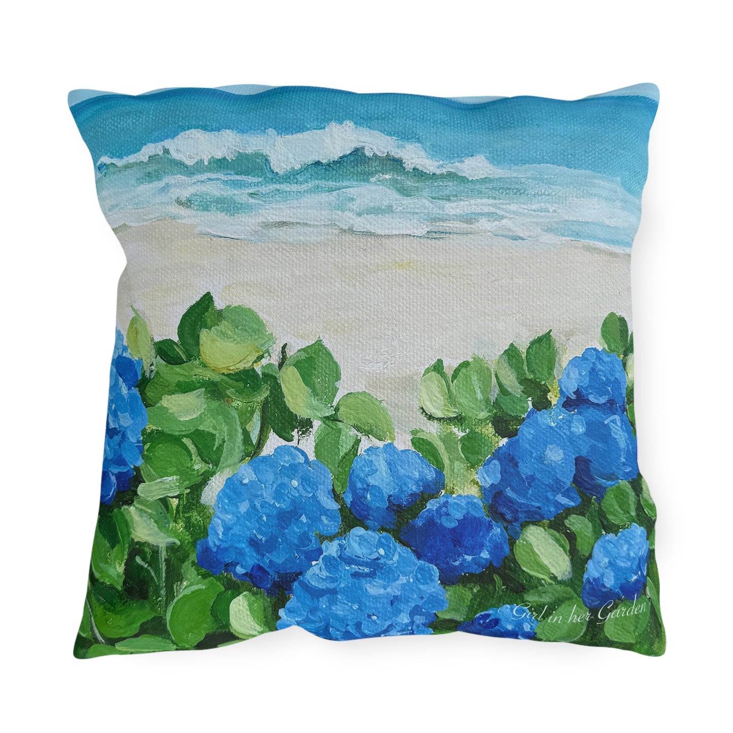 Blue Hydrangeas on the Beach Outdoor Pillows