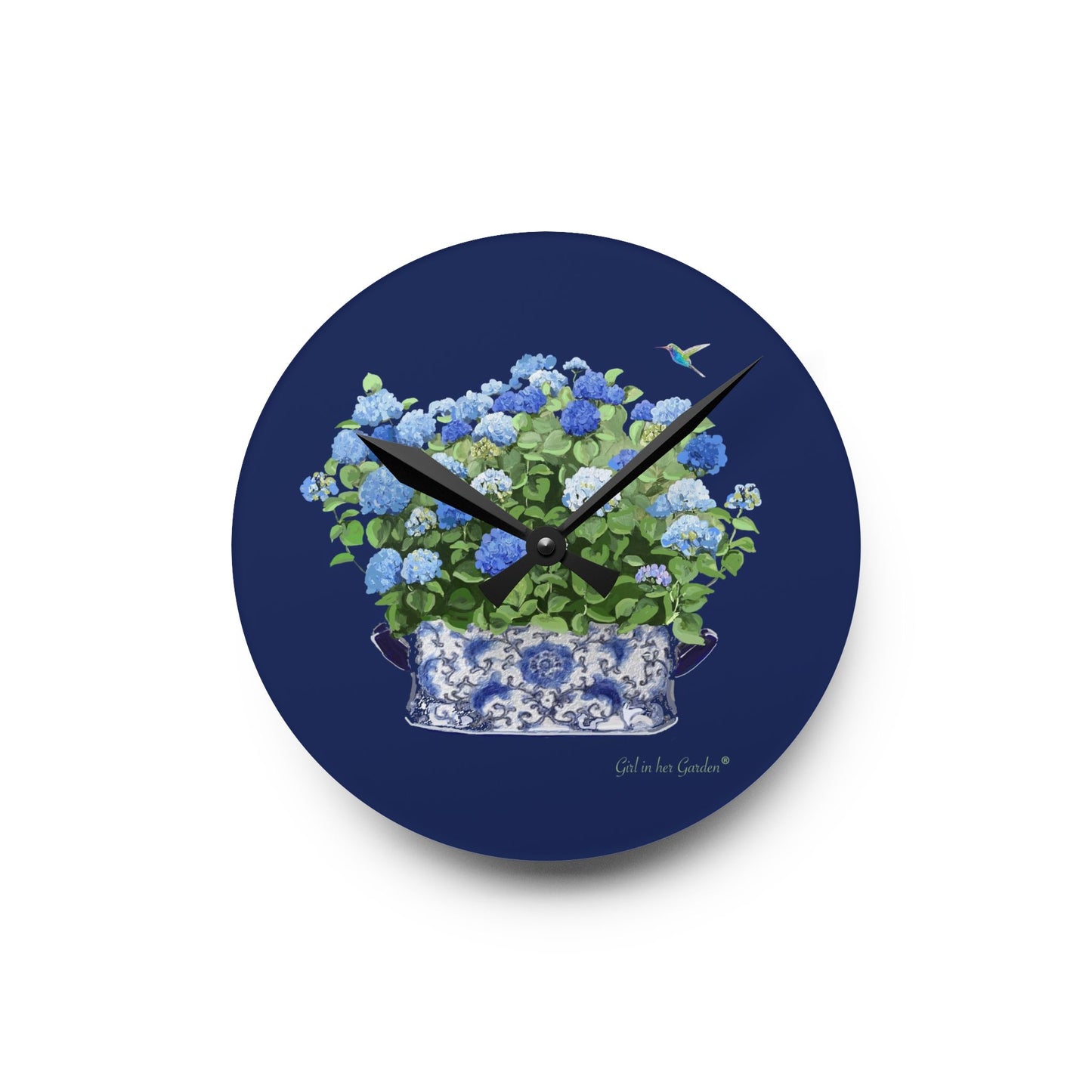 Navy Blue Hydrangea Wall Clock
