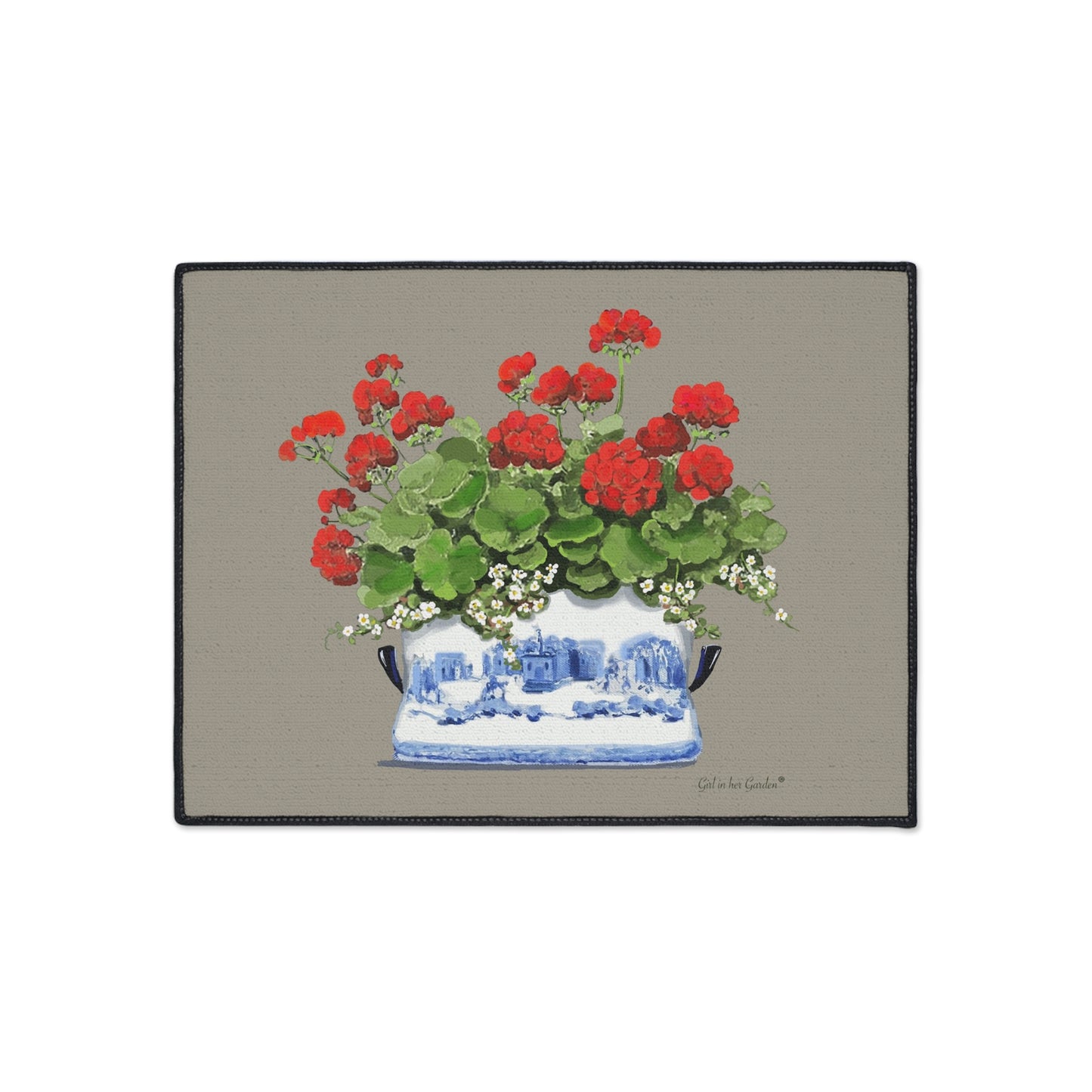 Red Geraniums Beige Chinoiserie Rubber Floor Mat