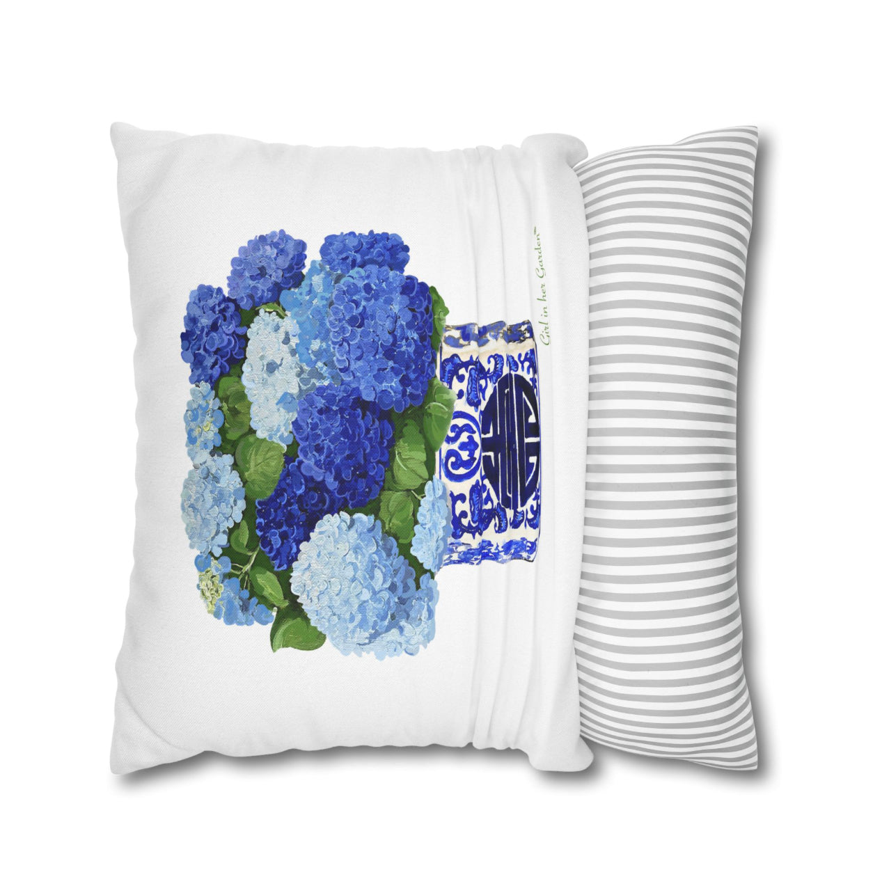 Blue Hydrangea Chinoiserie  White Pillow, Pillow Cover