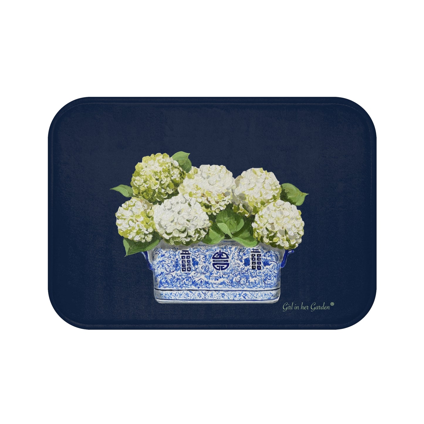 Kitchen, Bath Cushion Mat Navy Blue White Hydrangea Planter