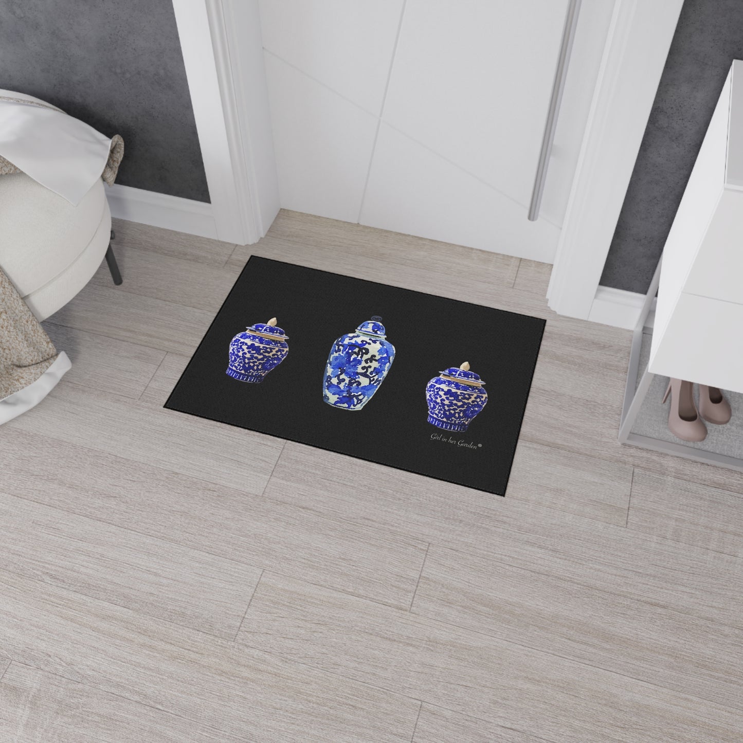 Heavy Duty Indoor Outdoor Rubber Floor Mat, Black Chinoiserie Vase