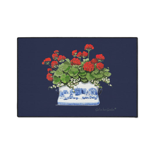 Red Geraniums Navy Chinoiserie Rubber Floor Mat