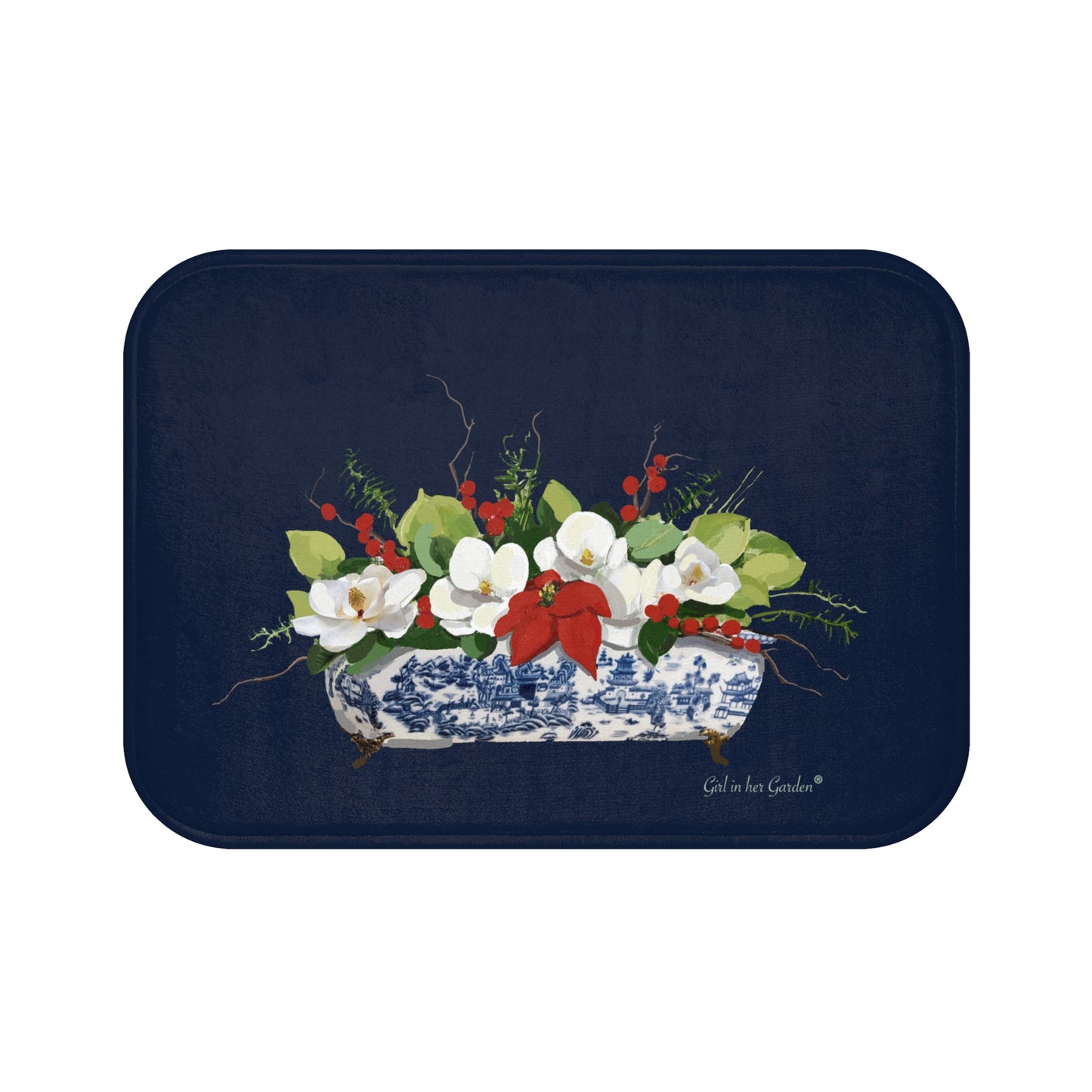 Navy Christmas Magnolia Planter, Kitchen & Bath Cushion Mat