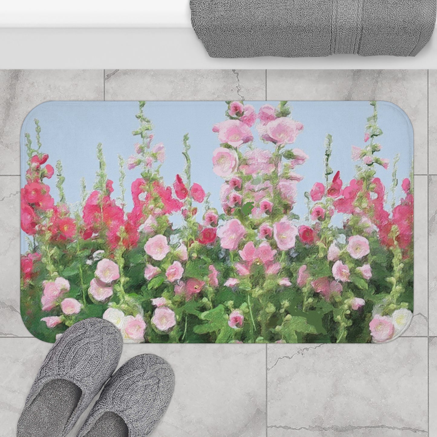 Kitchen, Bath Cushion Mat, Painted Hollyhocks