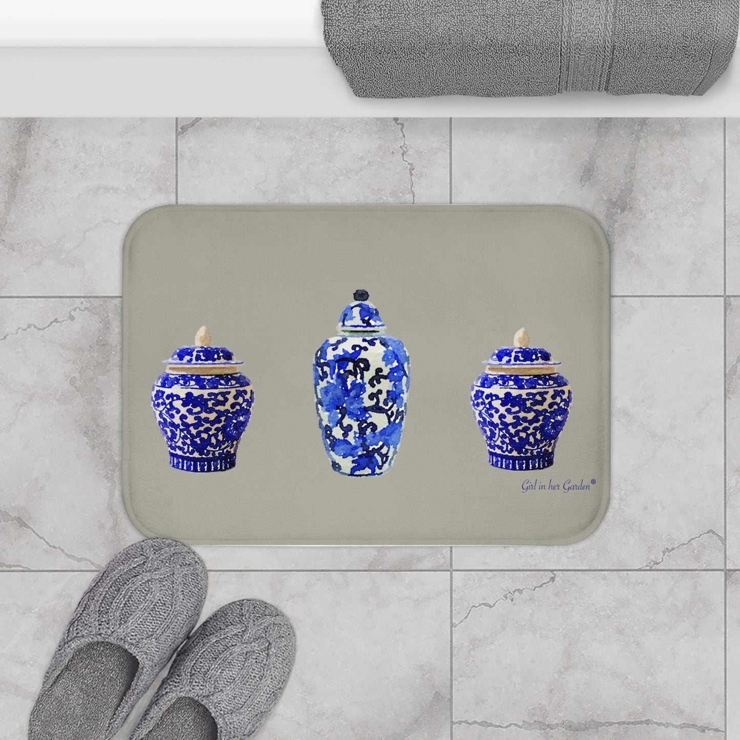 Kitchen Bath Cushion Mat, Beige Chinoiserie Vase