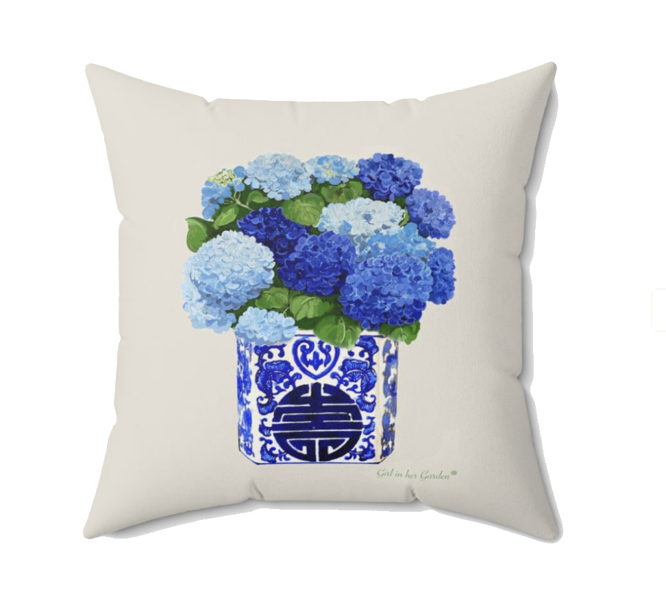 Blue Hydrangea Chinoiserie Beige Pillow, Pillow Cover
