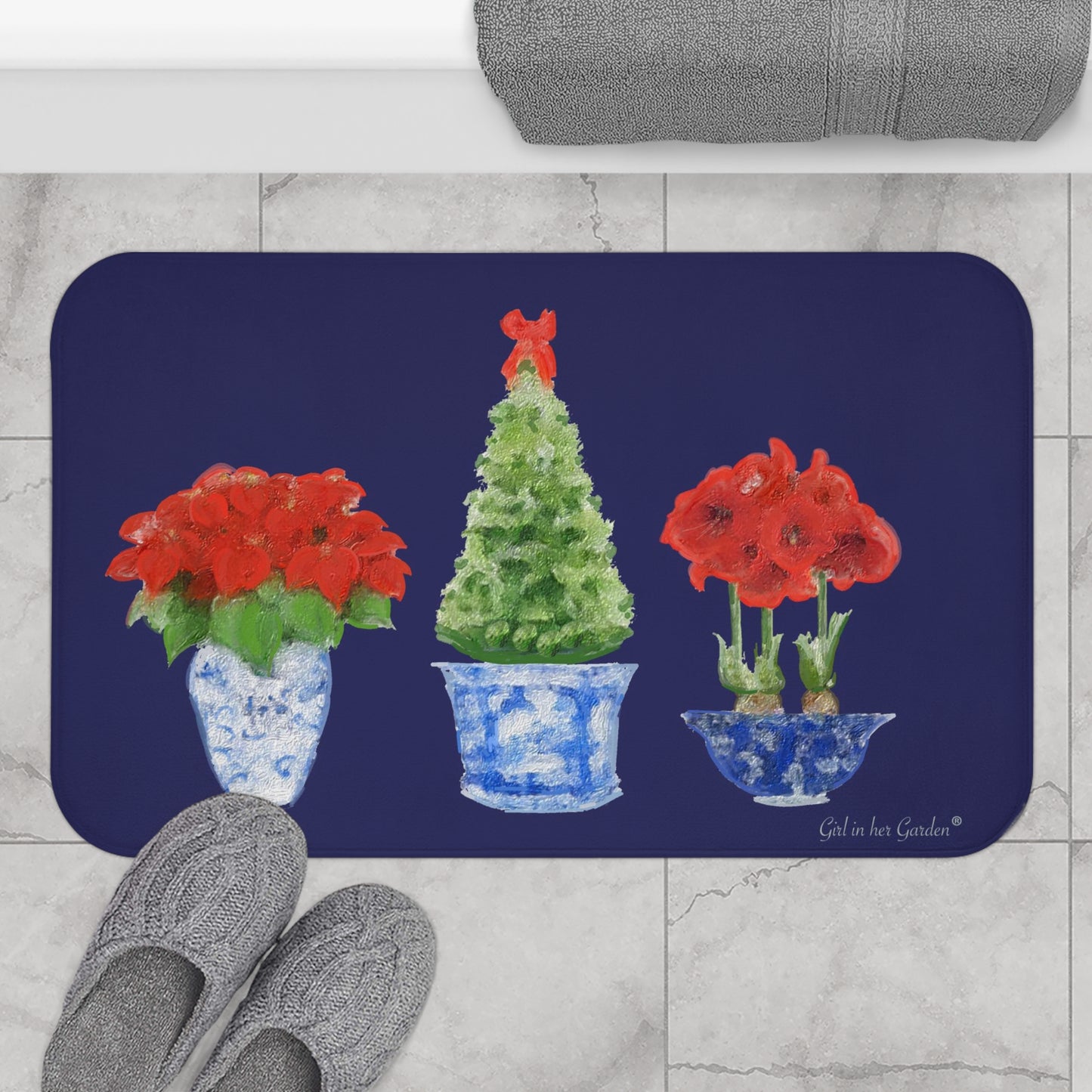 Kitchen Bath Cushion Mat, Blue Christmas Trio