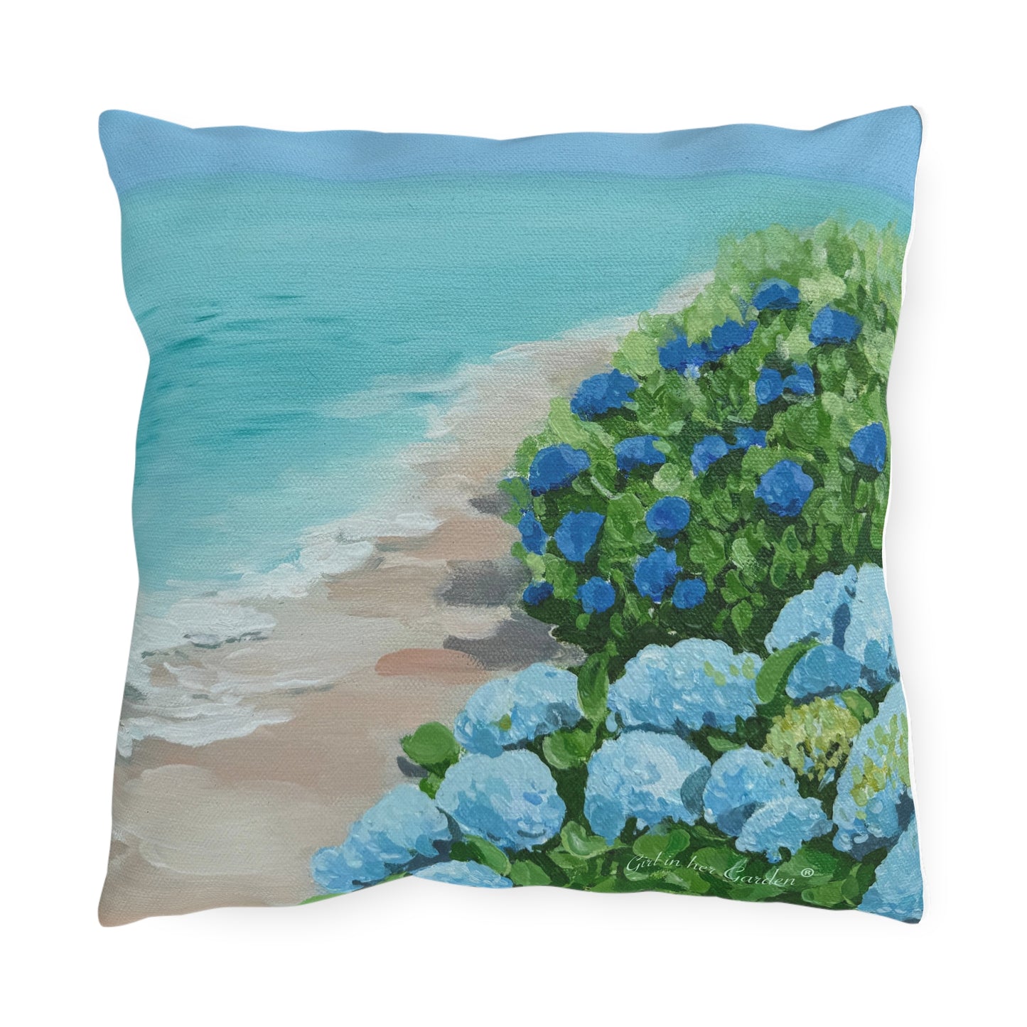 Hydrangeas on the Beach Outdoor Pillows