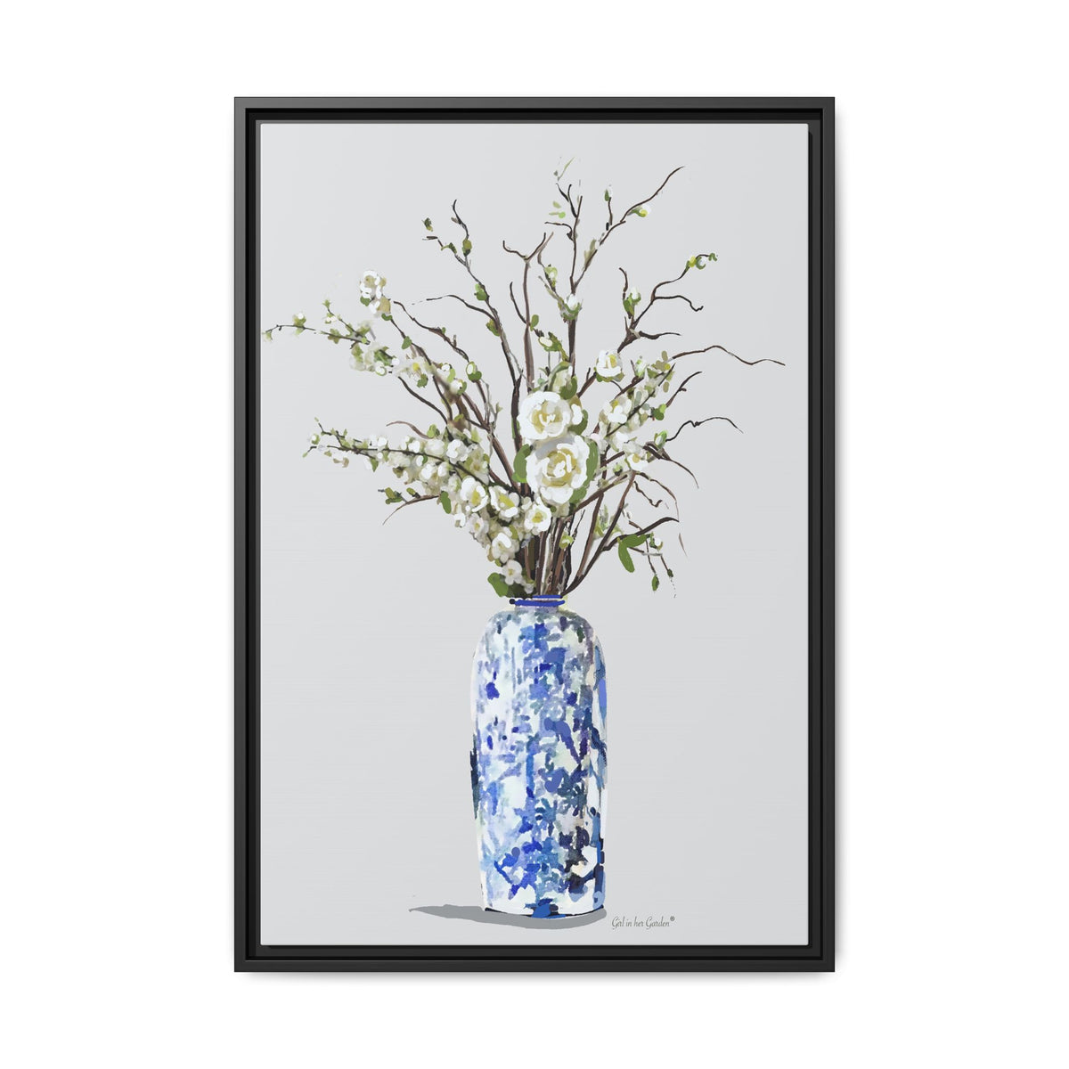 White Flowers Chinoiserie Vase, Framed Canvas